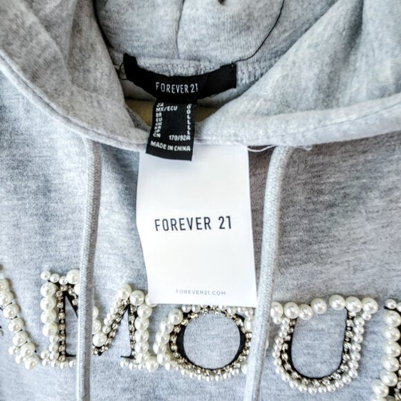 Forever 21 Amour Grey Hoodie Pearls Crystals Sz L Kangaroo Pocket Embellished - Picture 4 of 13